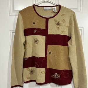 2/$30 Alfred Dunner Petite Metallic Floral Sweater Red and Cream Size PL